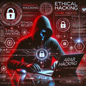 تصميم رقمي يعبر عن الهكر الأخلاقي، يتضمن ألوانًا بالأحمر والأسود مع شعار Arab Hacking، يرمز إلى الأمن السيبراني والحماية الرقمية.